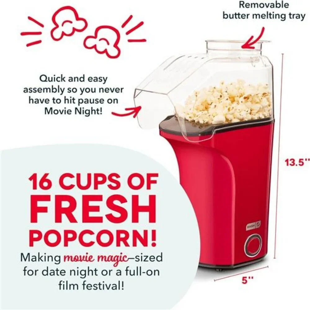 Hot Air Popcorn Maker Red 16 Cup Popper with Butter Melter Oil Free Snack